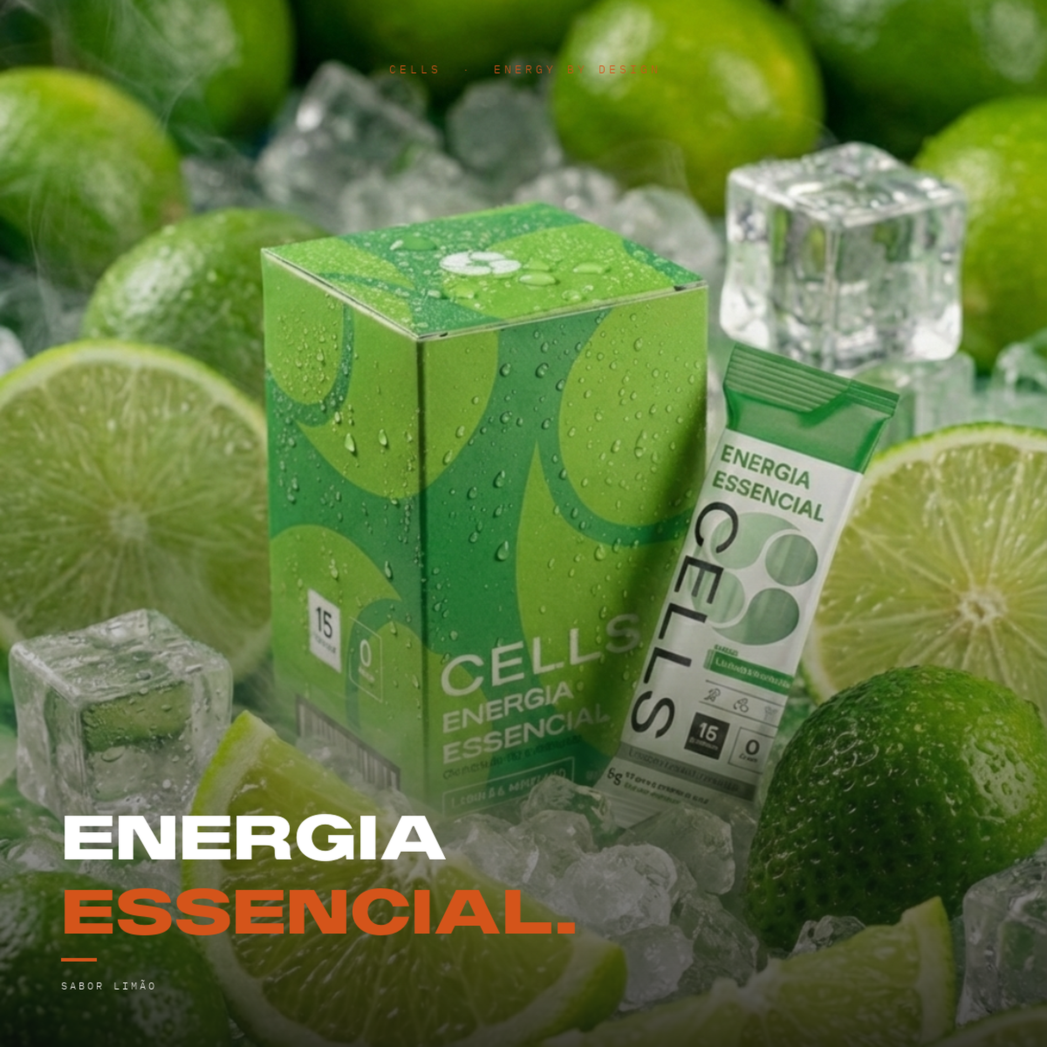 Cells Energia Essencial Sabor Limão — caixa com gelo e limões frescos