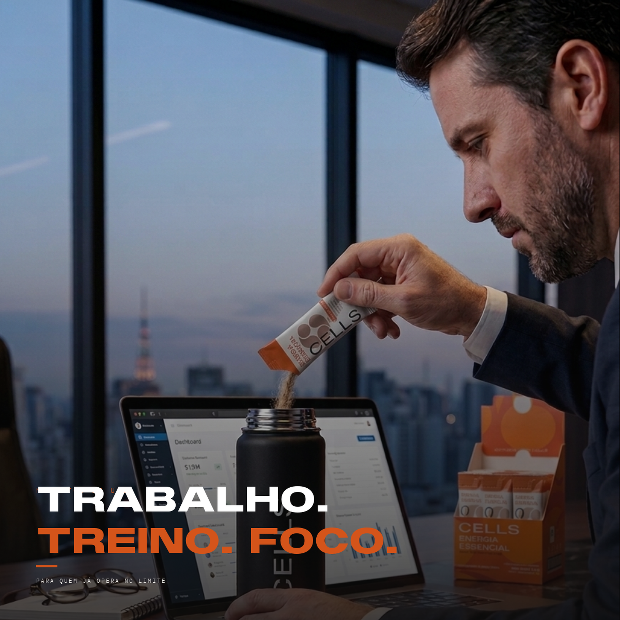 Executivo tomando Cells no escritório — trabalho, treino, foco