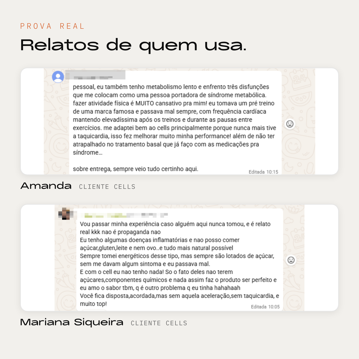 Prova real — depoimentos de clientes Cells