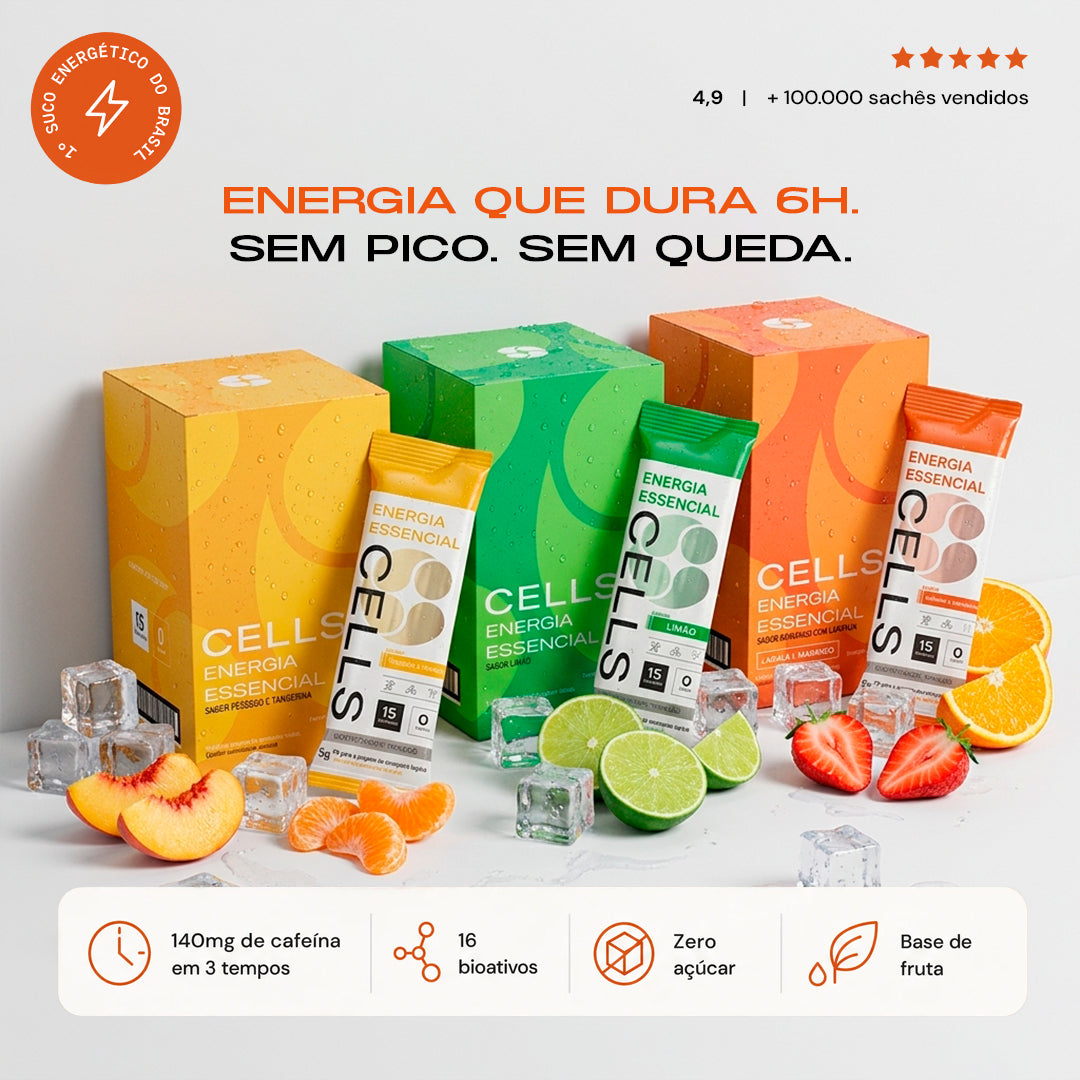 Caixas e sachês Cells nos sabores pêssego com tangerina, limão e laranja com morango, com frutas e gelo
