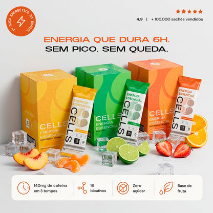 Caixas e sachês Cells nos sabores pêssego com tangerina, limão e laranja com morango, com frutas e gelo