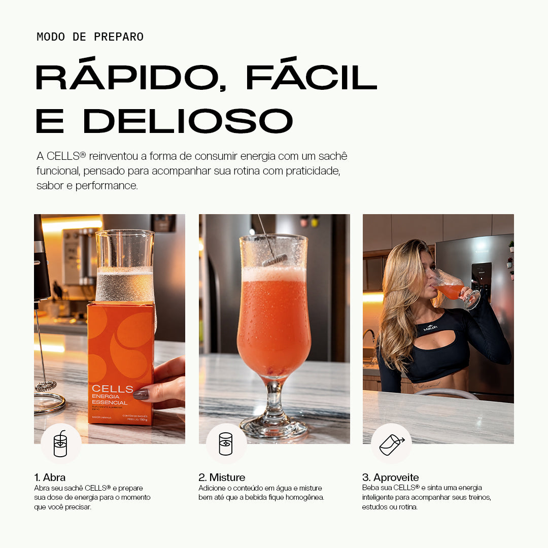 Modo de preparo da Cells em 3 passos: abrir o sachê, dissolver no copo de água e tomar