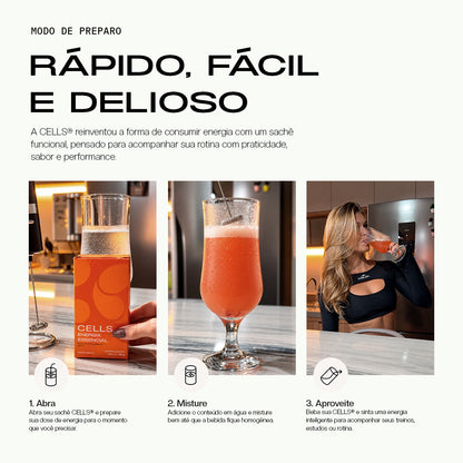 Modo de preparo da Cells em 3 passos: abrir o sachê, dissolver no copo de água e tomar